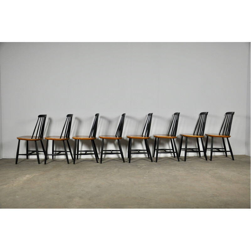 Set of 8 Swedish chairs with vintage slatted backrest from Nesto, 1960