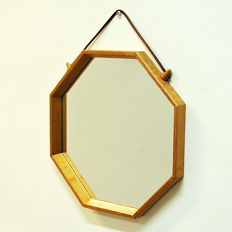 Oak vintage wall mirror, sweden, 1950s