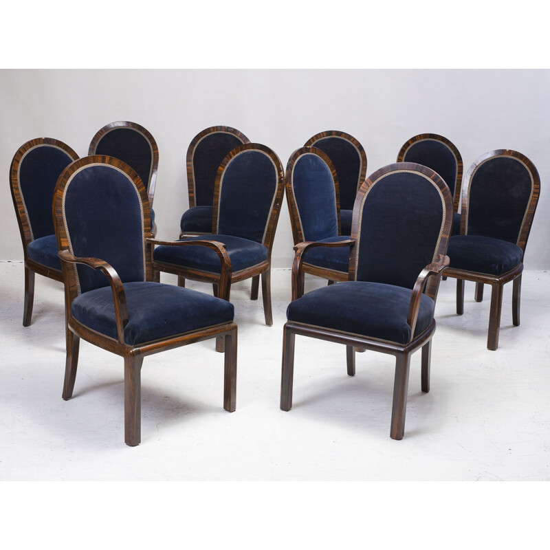 Set of 8 blue velvet vintage dining chairs 