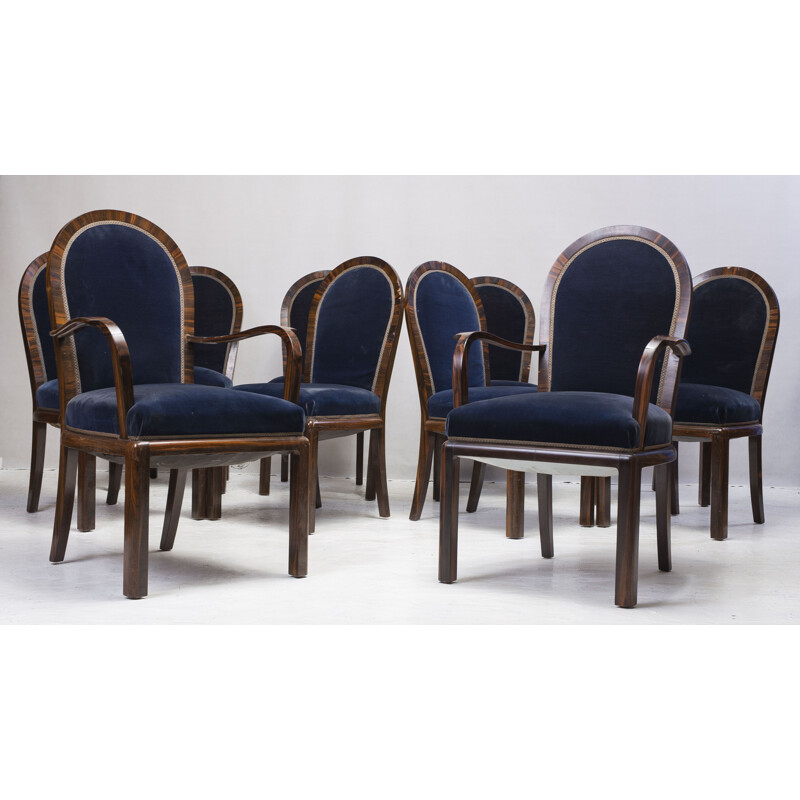 Set of 8 blue velvet vintage dining chairs 