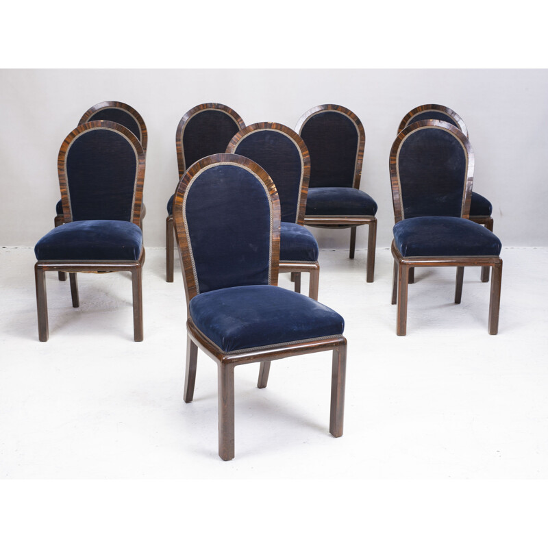 Set of 8 blue velvet vintage dining chairs 