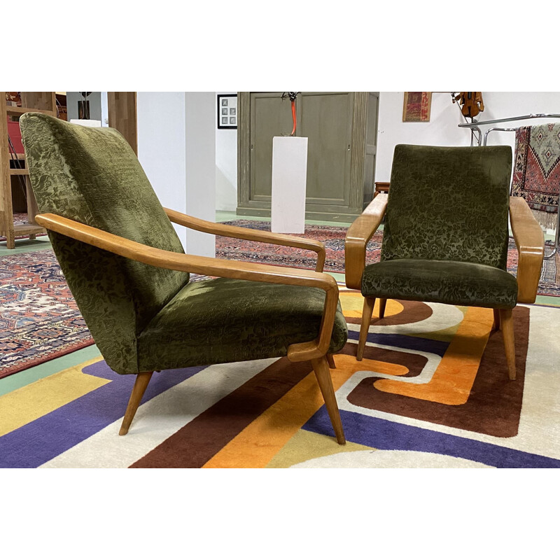 Paire de fauteuils vintage en velours vert, 1970s