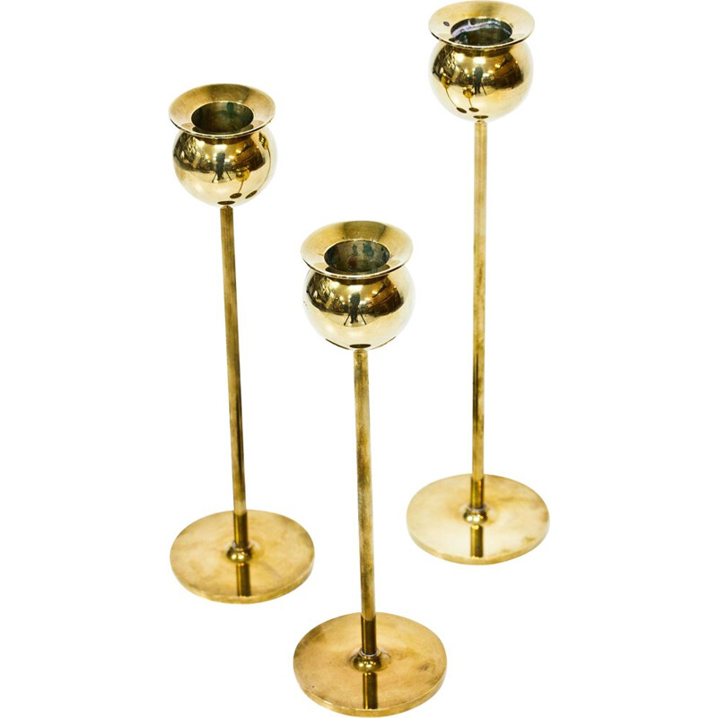 Set of 3 "Tulip" brass vintage candlesticks by Pierre Forssell, 1970s