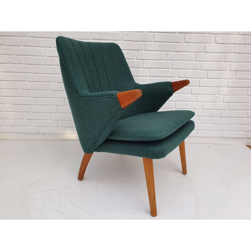 Danish armchair, 60s, reupholstered, teak wood, wool fabric