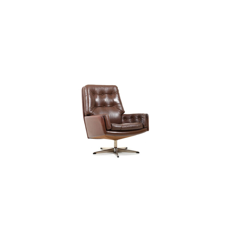 Vintage Swivel armchair in Brown Leather, Denmark, 1960s