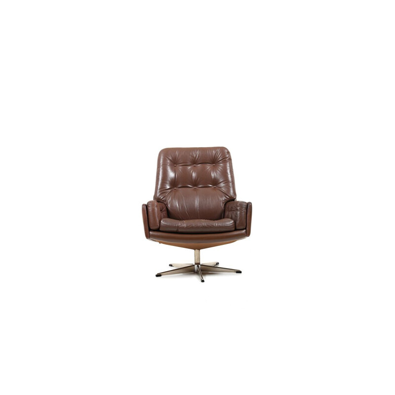 Vintage Swivel armchair in Brown Leather, Denmark, 1960s