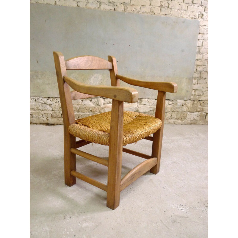 Vintage mountain armchair, elm and straw