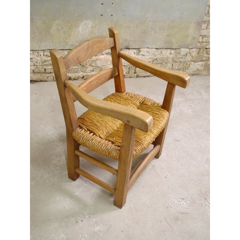 Vintage mountain armchair, elm and straw