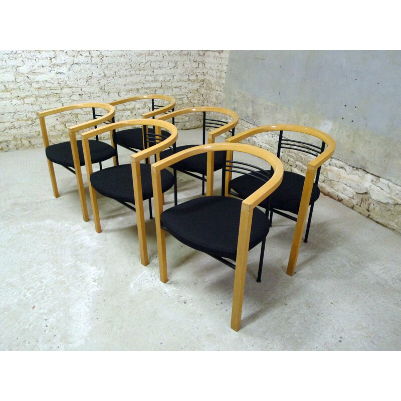 Set of 6 vintage chairs in light wood, Italy, 1980
