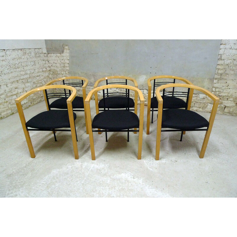 Suite de 6 chaises vintage en bois clair, Italie, 1980