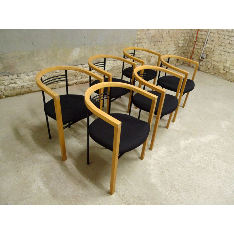 Set of 6 vintage chairs in light wood, Italy, 1980