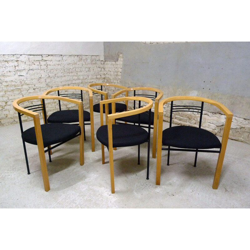 Suite de 6 chaises vintage en bois clair, Italie, 1980