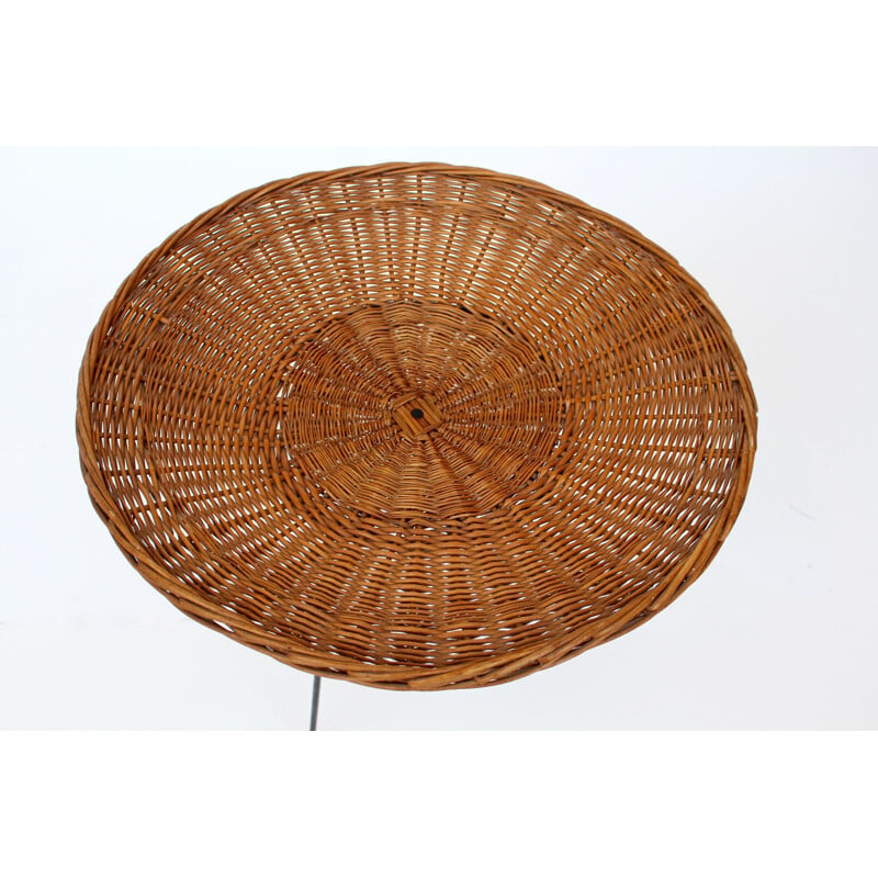 Round rattan wicker vintage side table - 1960s