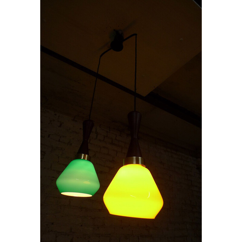 Vintage suspension in colour, opaline, brass and teak, Italy, 1950