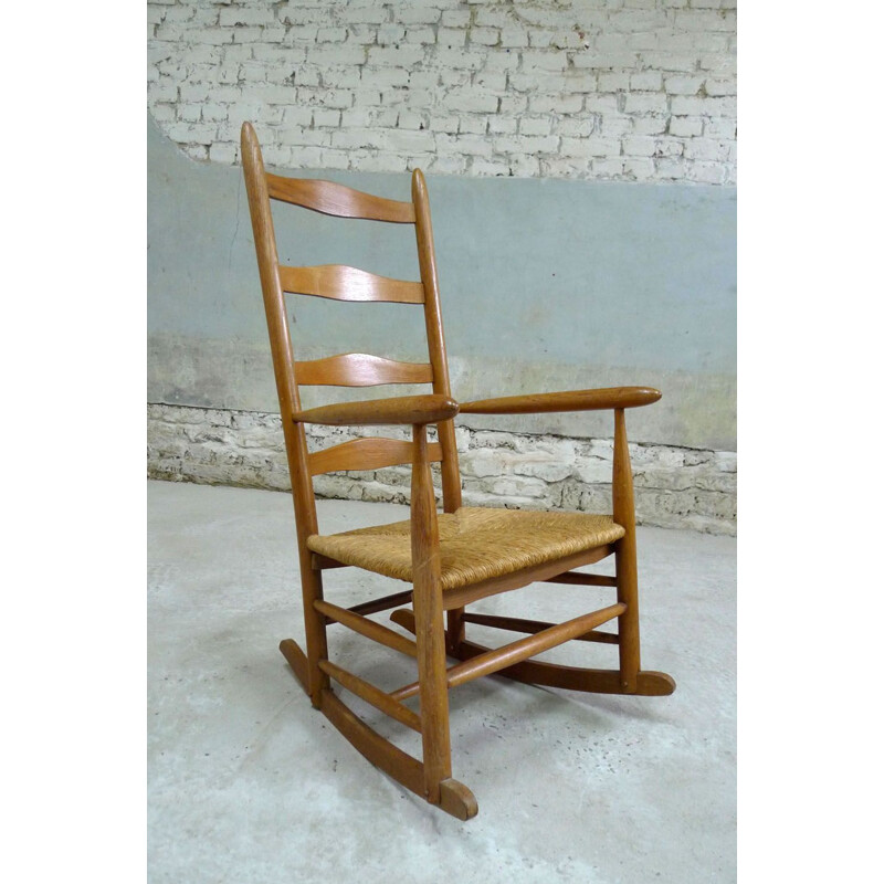 Vintage oak & straw rocking chair, 1950