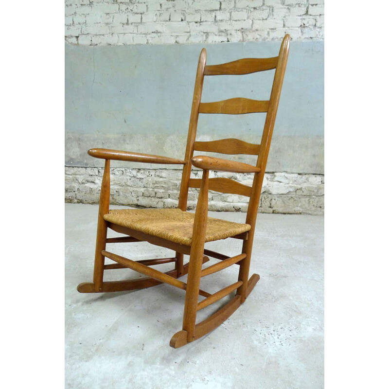 Vintage oak & straw rocking chair, 1950