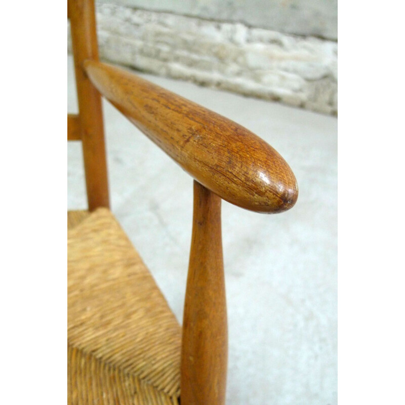 Vintage oak & straw rocking chair, 1950