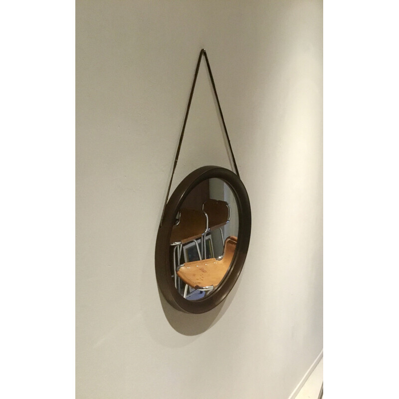 Specchio da parete rotondo vintage in wengé di Uno