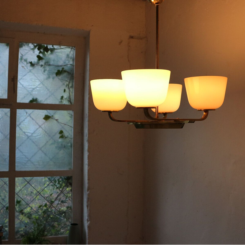 Vintage Brass and Opaline Glass Pendant Lamp, 1950s