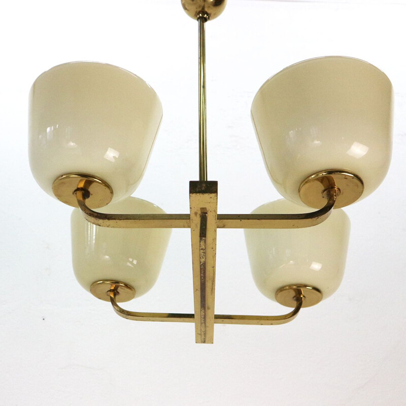 Vintage Brass and Opaline Glass Pendant Lamp, 1950s