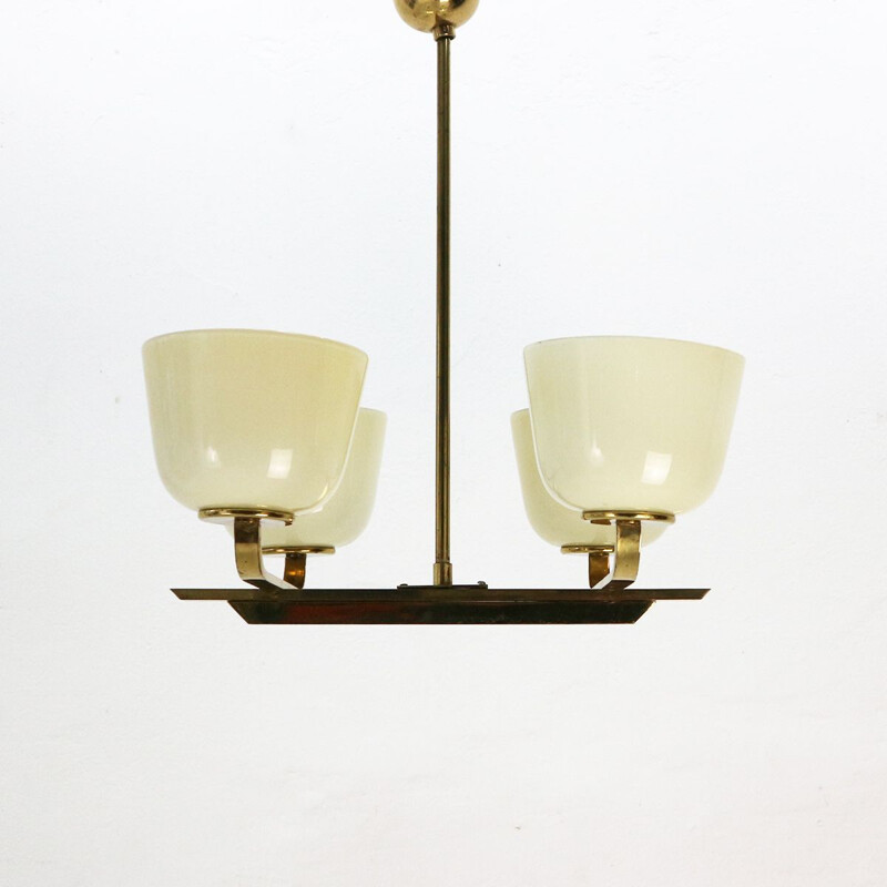 Vintage Brass and Opaline Glass Pendant Lamp, 1950s