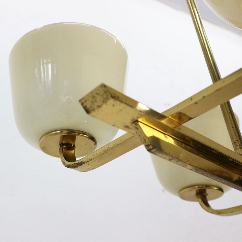 Vintage Brass and Opaline Glass Pendant Lamp, 1950s