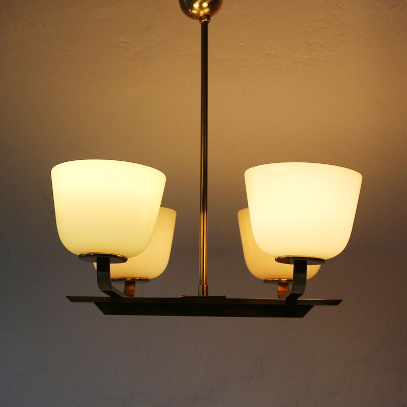 Brass and Opaline Glass Pendant Lamp, 1950s