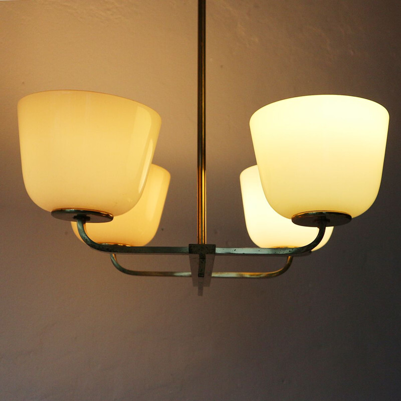 Vintage Brass and Opaline Glass Pendant Lamp, 1950s