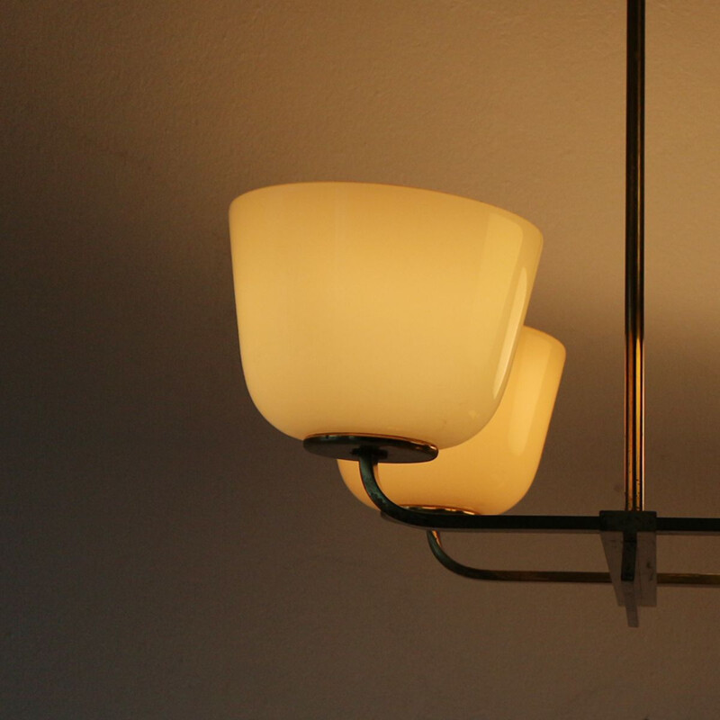 Vintage Brass and Opaline Glass Pendant Lamp, 1950s