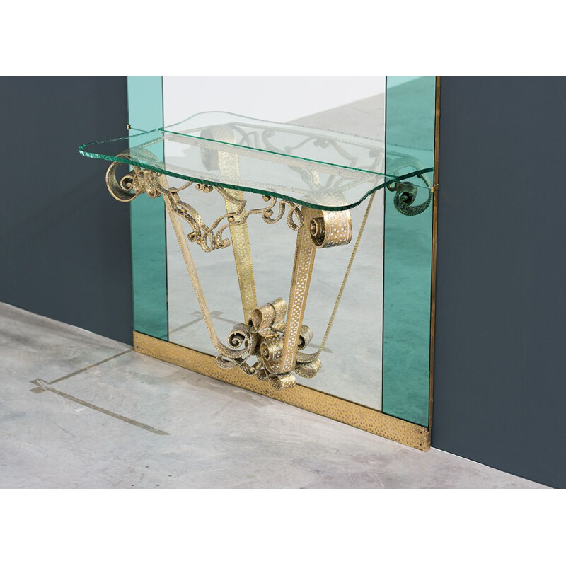 Grand miroir vintage avec console par Pierluigi Colli pour Cristal Art, 1940