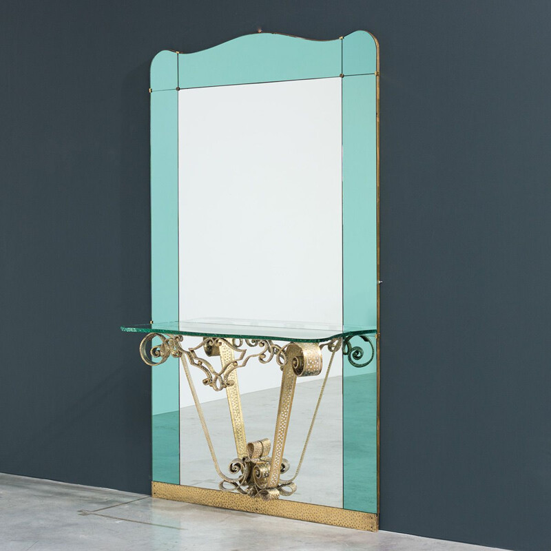 Grand miroir vintage avec console par Pierluigi Colli pour Cristal Art, 1940