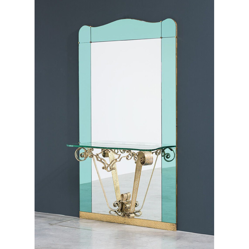 Grand miroir vintage avec console par Pierluigi Colli pour Cristal Art, 1940