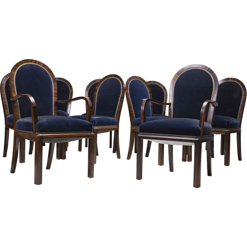 Set of 8 blue velvet vintage dining chairs 