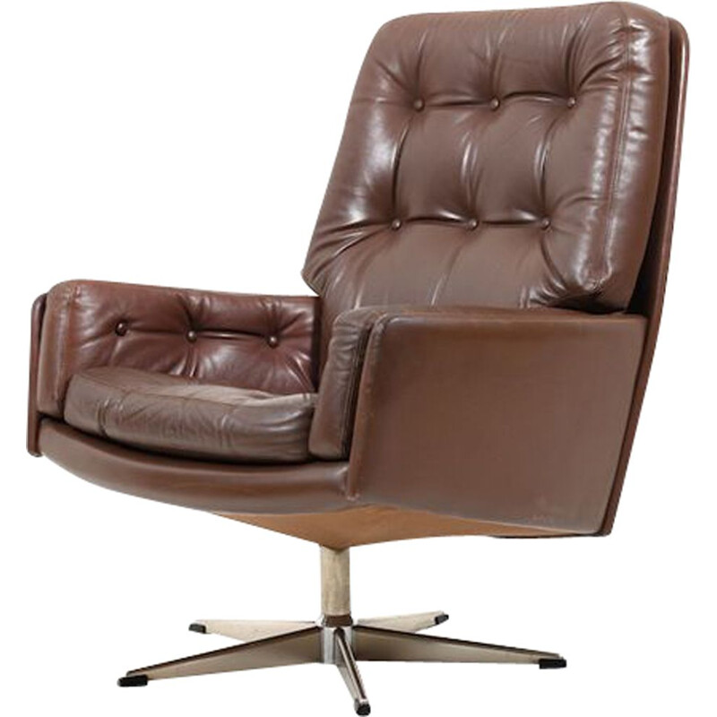 Vintage Swivel armchair in Brown Leather, Denmark, 1960s