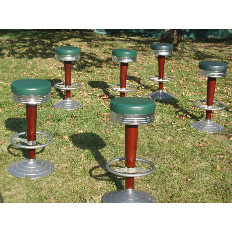 Set of 6 vintage bar stools in iron and green leatherette