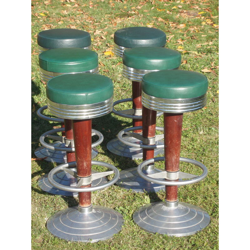Set of 6 vintage bar stools in iron and green leatherette