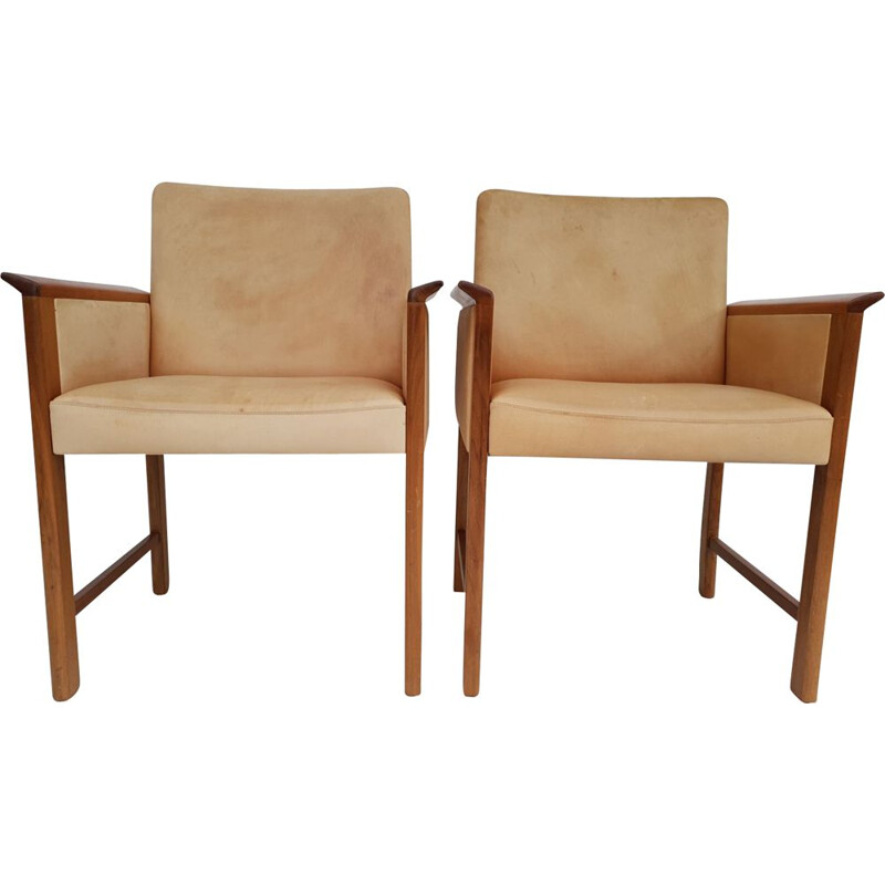Danish conference chairs by Hans Olsen, 60´s, original VEGETAL leather, solid teak wood