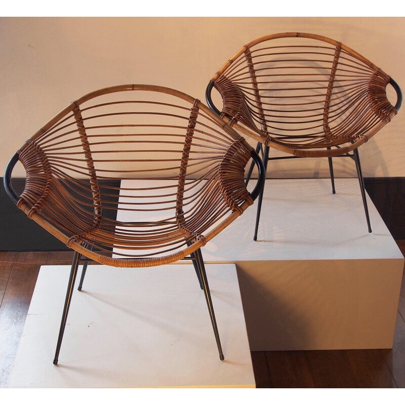 Paire de fauteuils vintage en rotin, 1960