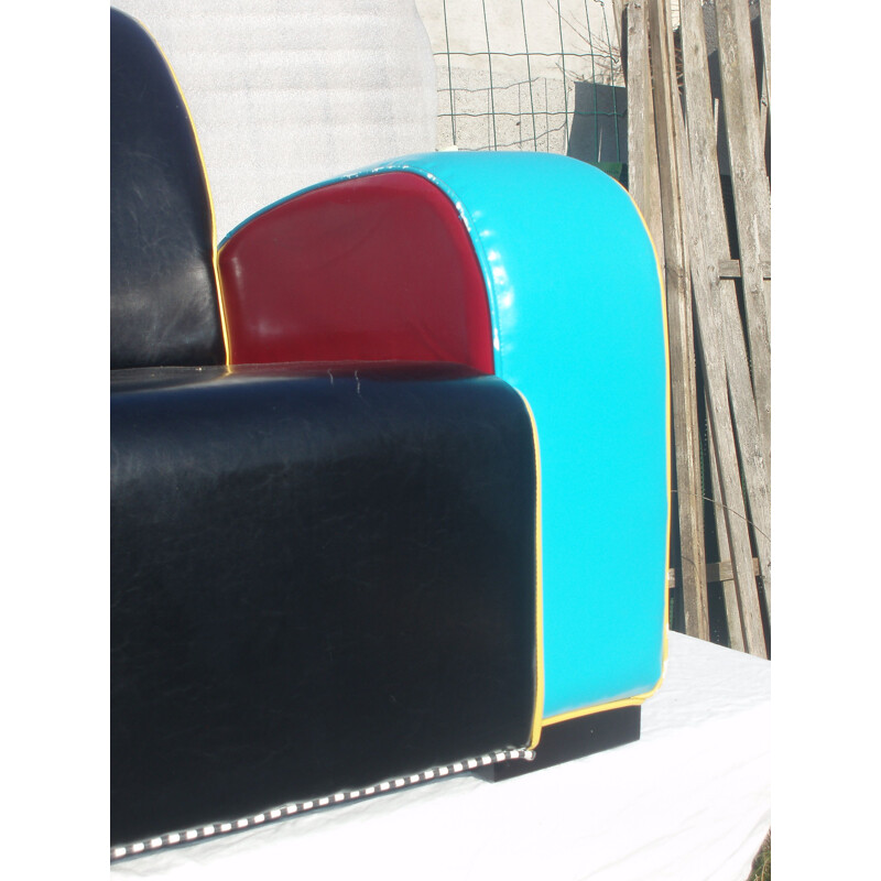 Vintage armchair in multicoloured leather, Memphis style