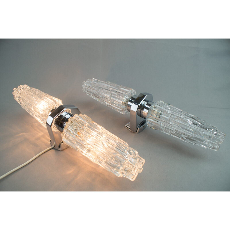 Set of 2 vintage "Iceberg" Glass and Chrome Wall Lights, 1970s