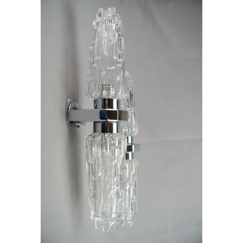 Set of 2 vintage "Iceberg" Glass and Chrome Wall Lights, 1970s