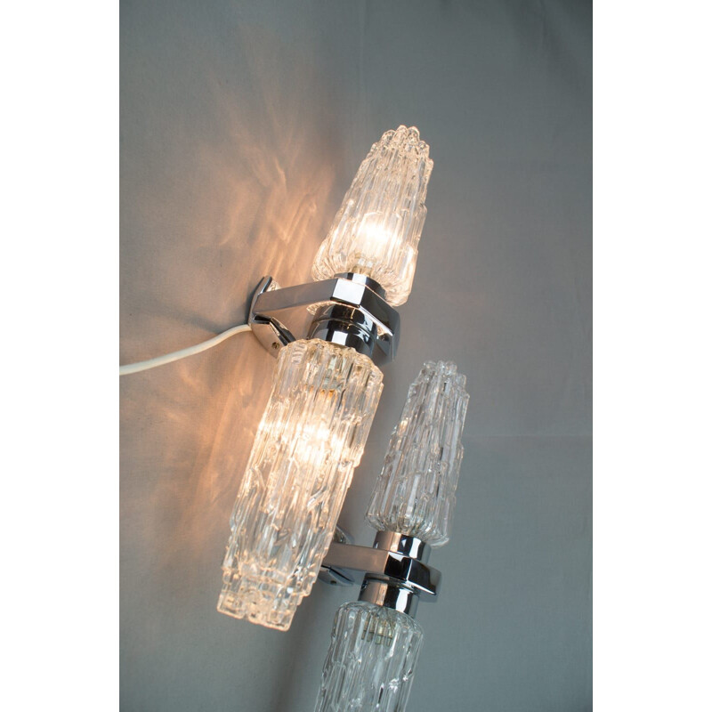 Set of 2 vintage "Iceberg" Glass and Chrome Wall Lights, 1970s