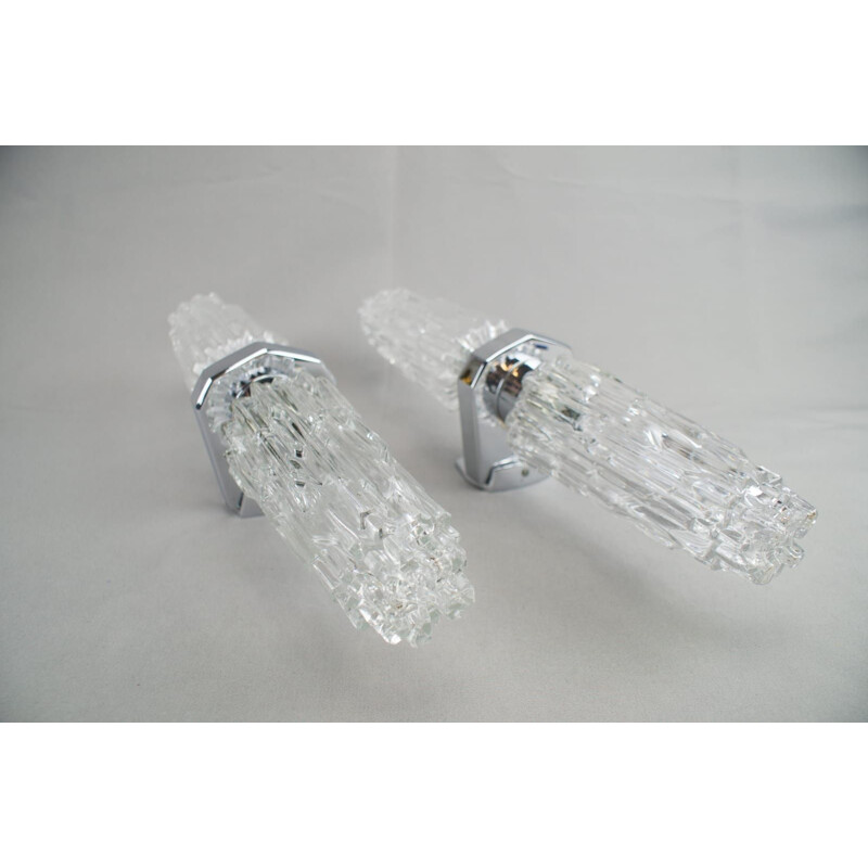 Set of 2 vintage "Iceberg" Glass and Chrome Wall Lights, 1970s