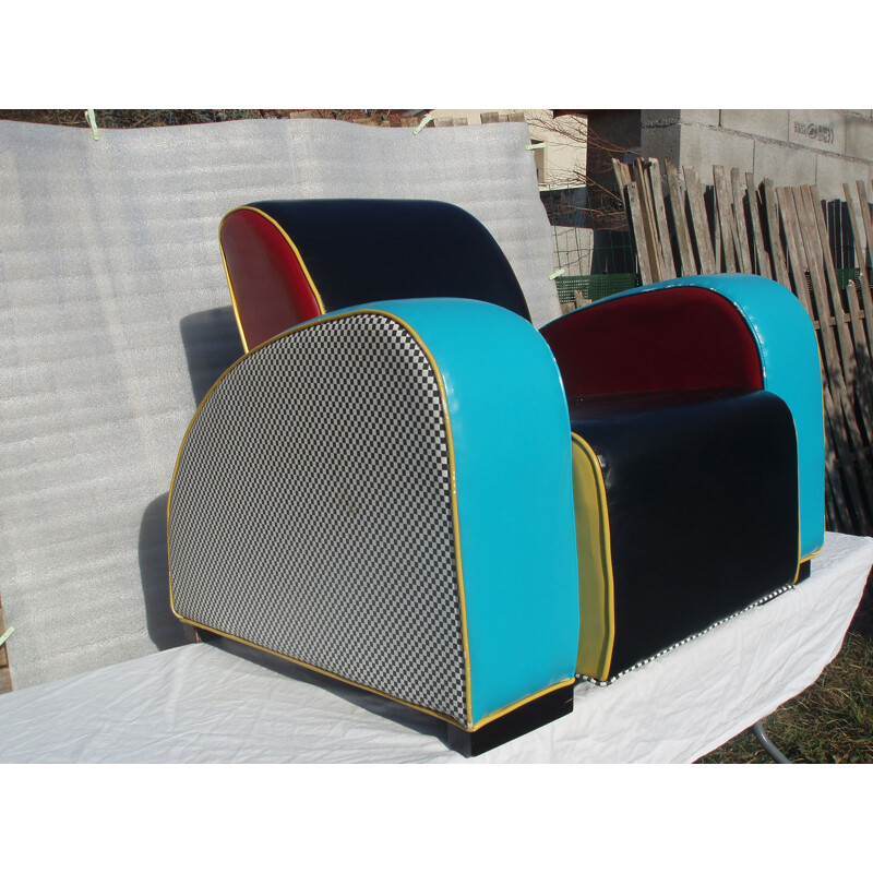 Vintage armchair in multicoloured leather, Memphis style