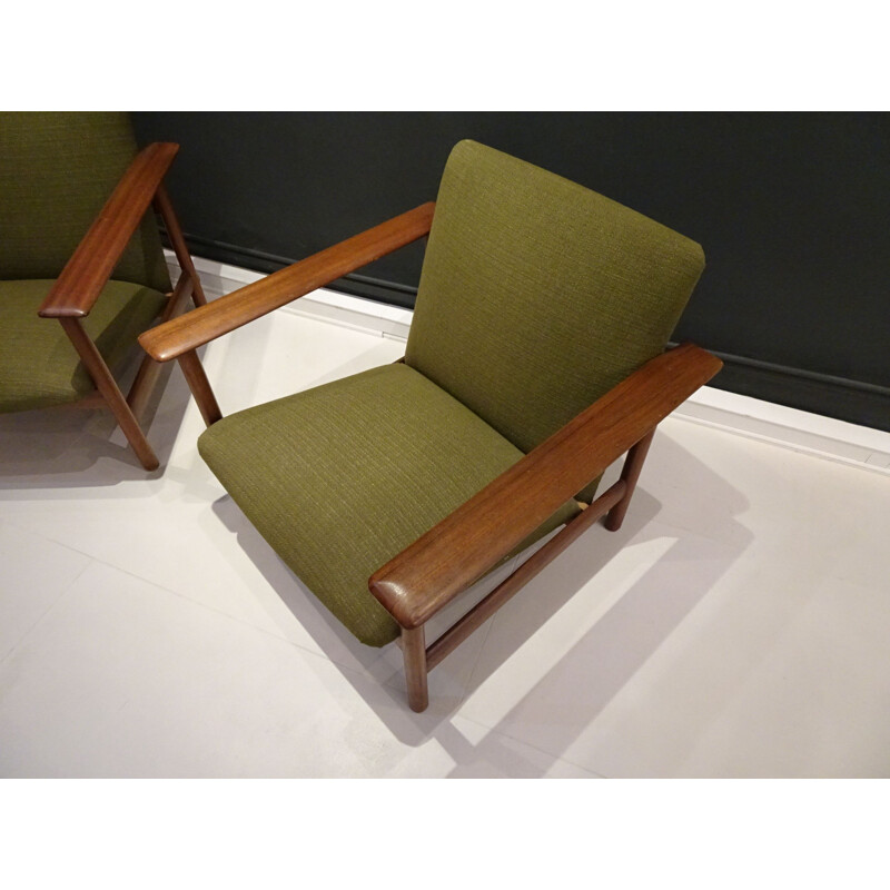 Pair of vintage Scandinavian armchairs in green fabric 