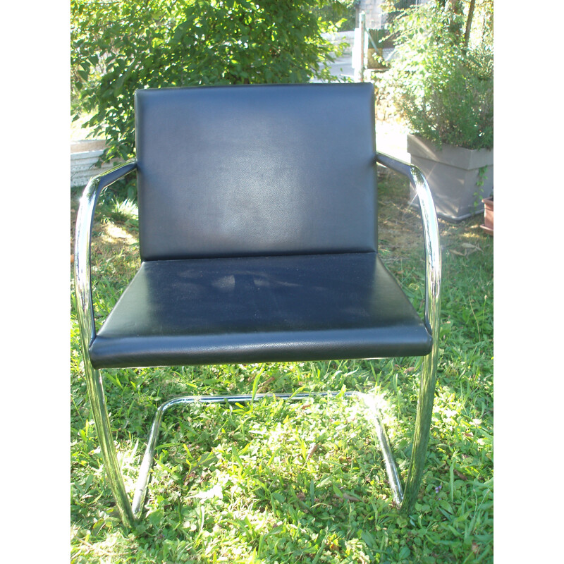 Set of 8 vintage chairs in leather and blue chrome