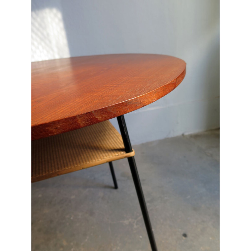 Vintage coffee table in teak and rattan with metal base, 1950