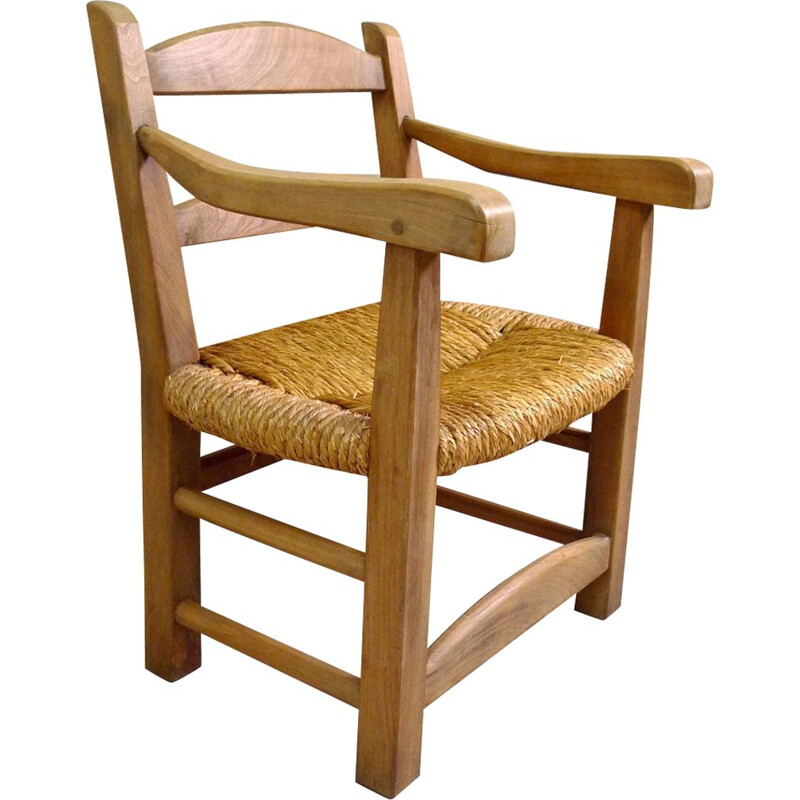 Vintage mountain armchair, elm and straw