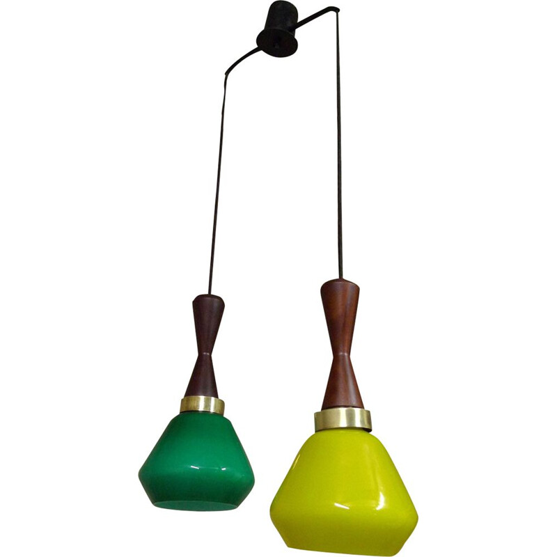 Vintage suspension in colour, opaline, brass and teak, Italy, 1950