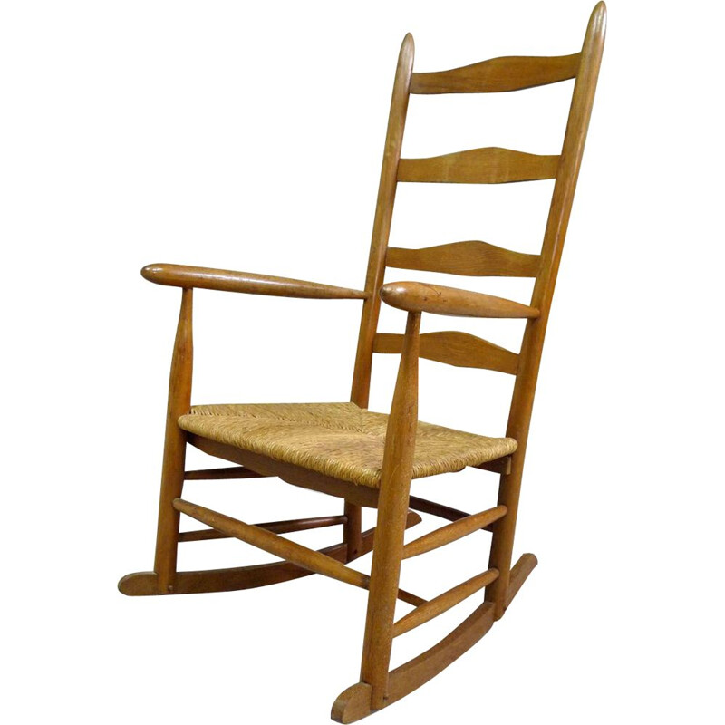 Chaise à bascule vintage en chêne & paille, 1950